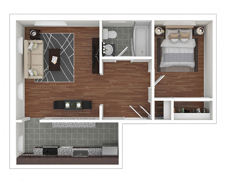 Floor plan for 1 bed, 1 bath, 609 sqft