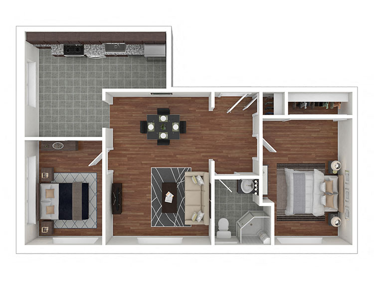 Floor plan for 2 beds, 1 bath, 836 sqft