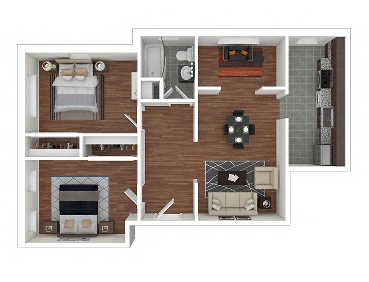 Floor plan for 2 beds, 1 bath, 866 sqft