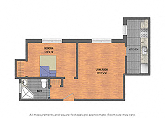 Floor plan for studio, 1 bath, 495 sqft