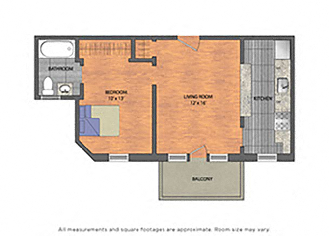 Floor plan for 1 bed, 1 bath, 560 sqft