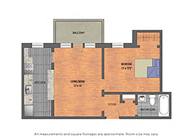 Floor plan for 1 bed, 1 bath, 560 sqft