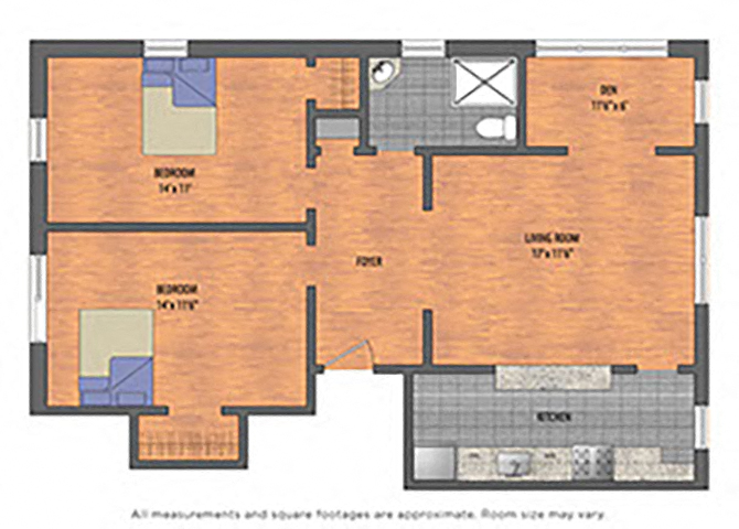 Floor plan for 2 beds, 1 bath, 846 sqft