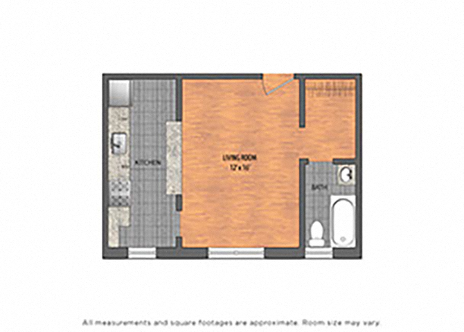 Floor plan for studio, 1 bath, 387 sqft