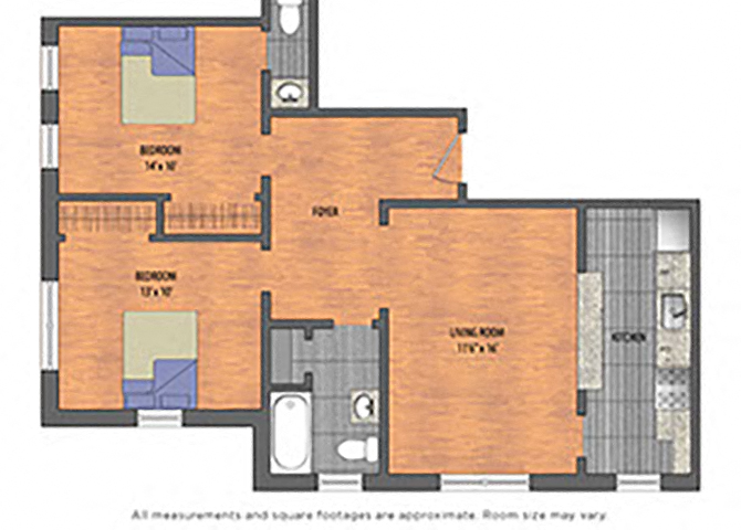 Floor plan for 2 beds, 1.5 baths, 818 sqft
