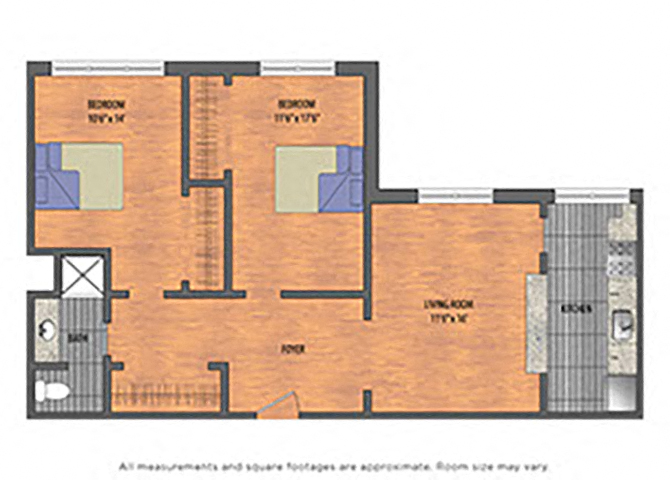 Floor plan for 2 beds, 1 bath, 925 sqft