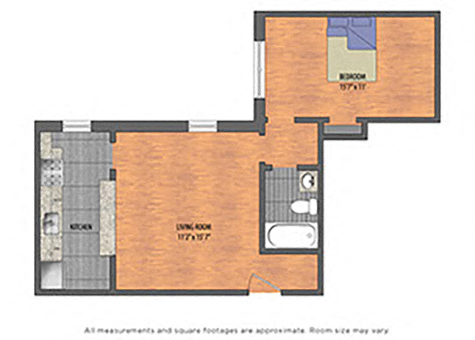 Floor plan for 1 bed, 1 bath, 575 sqft