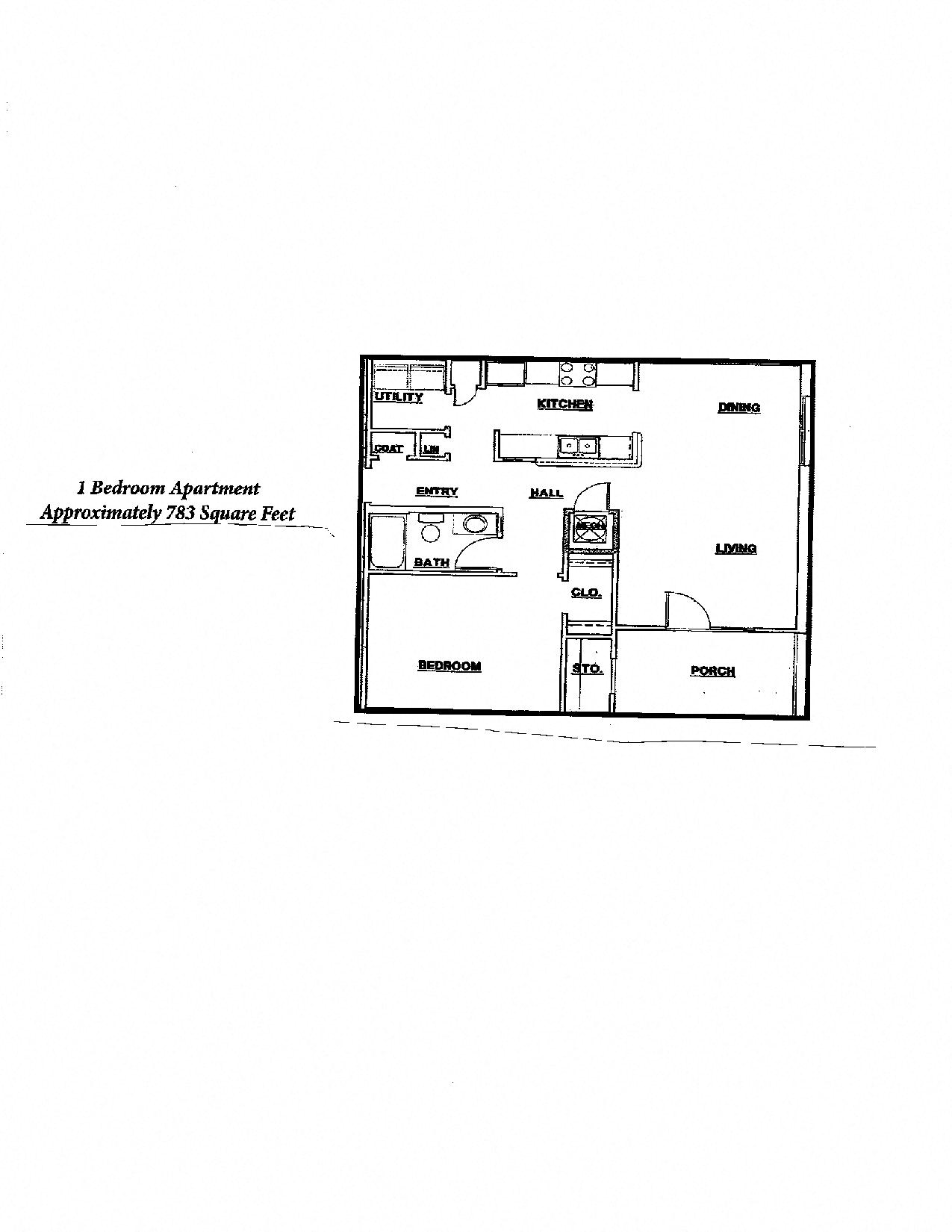Floor plan for 1 bed, 1 bath, 783 sqft
