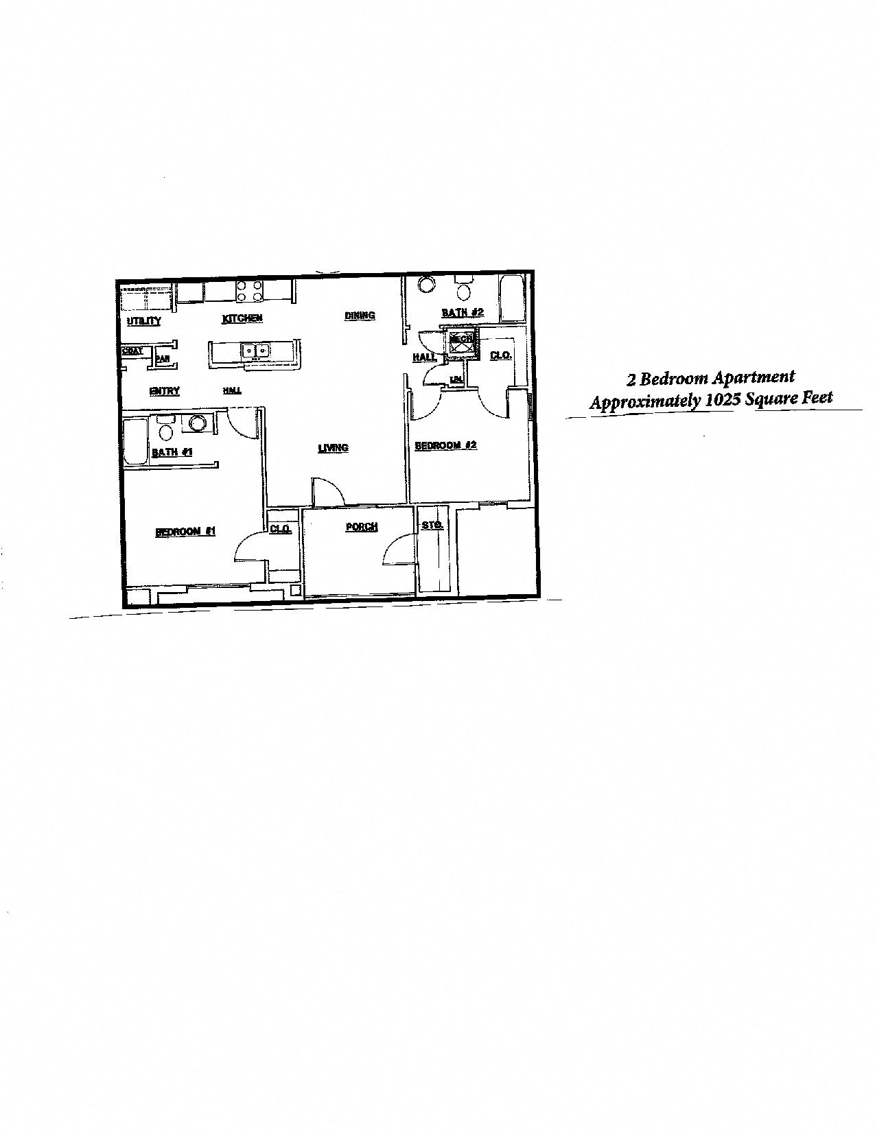 Floor plan for 2 beds, 2 baths, 1025 sqft