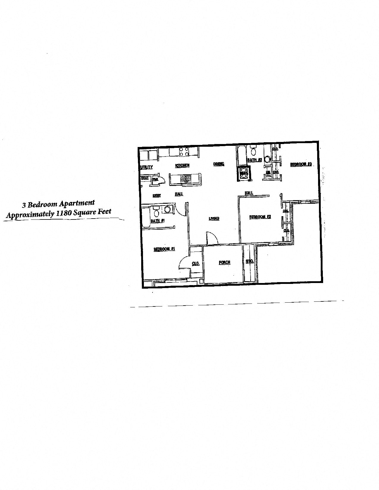 Floor plan for 3 beds, 2 baths, 1180 sqft