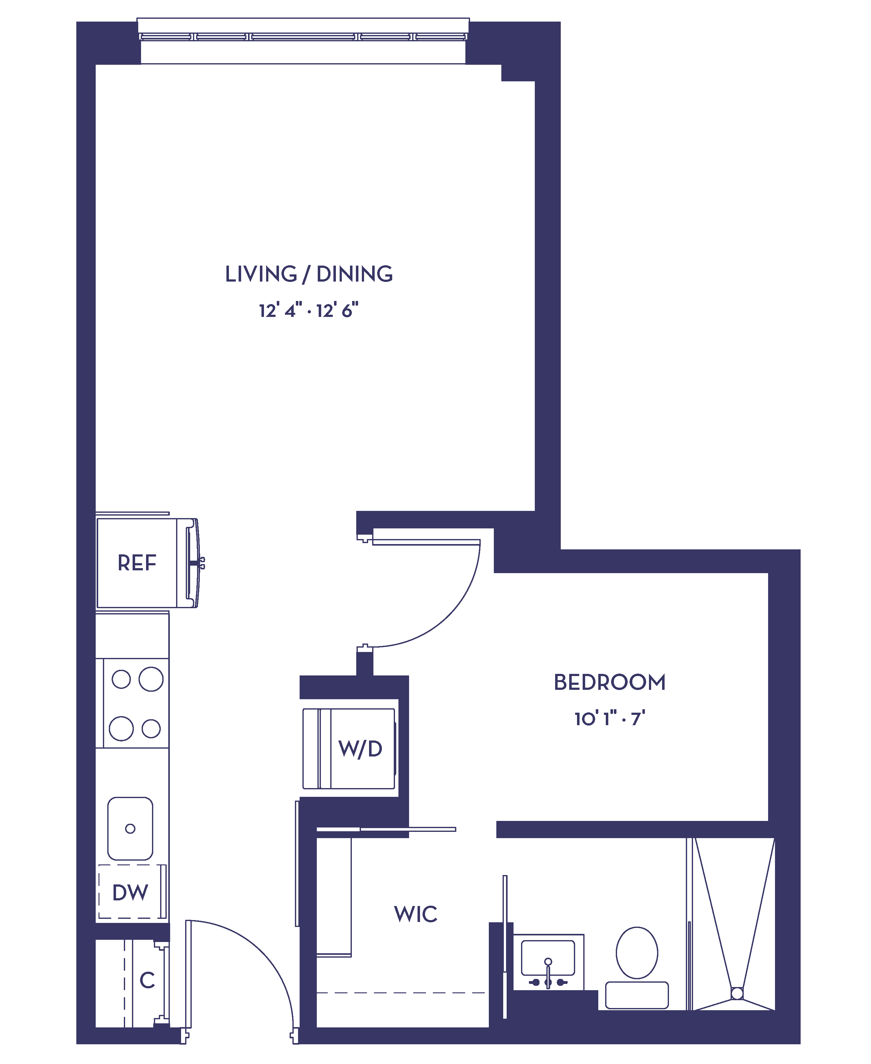 Floor plan for 1 bed, 1 bath, 417 sqft
