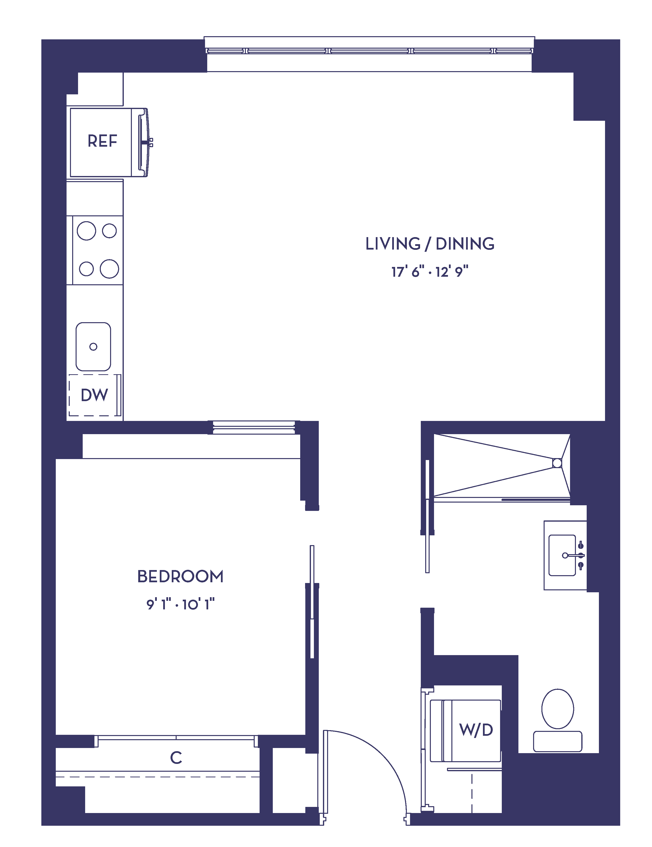 Floor plan for 1 bed, 1 bath, 532 sqft
