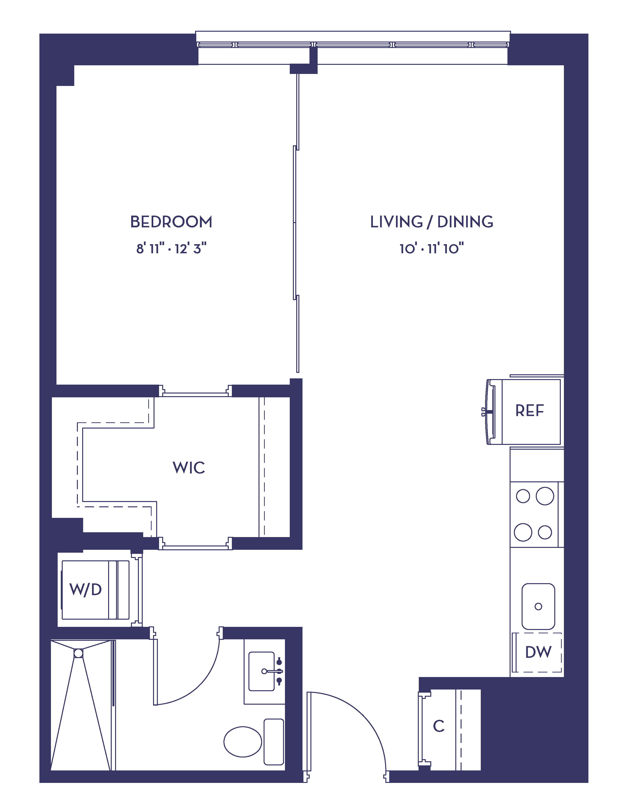 Floor plan for 1 bed, 1 bath, 532 sqft