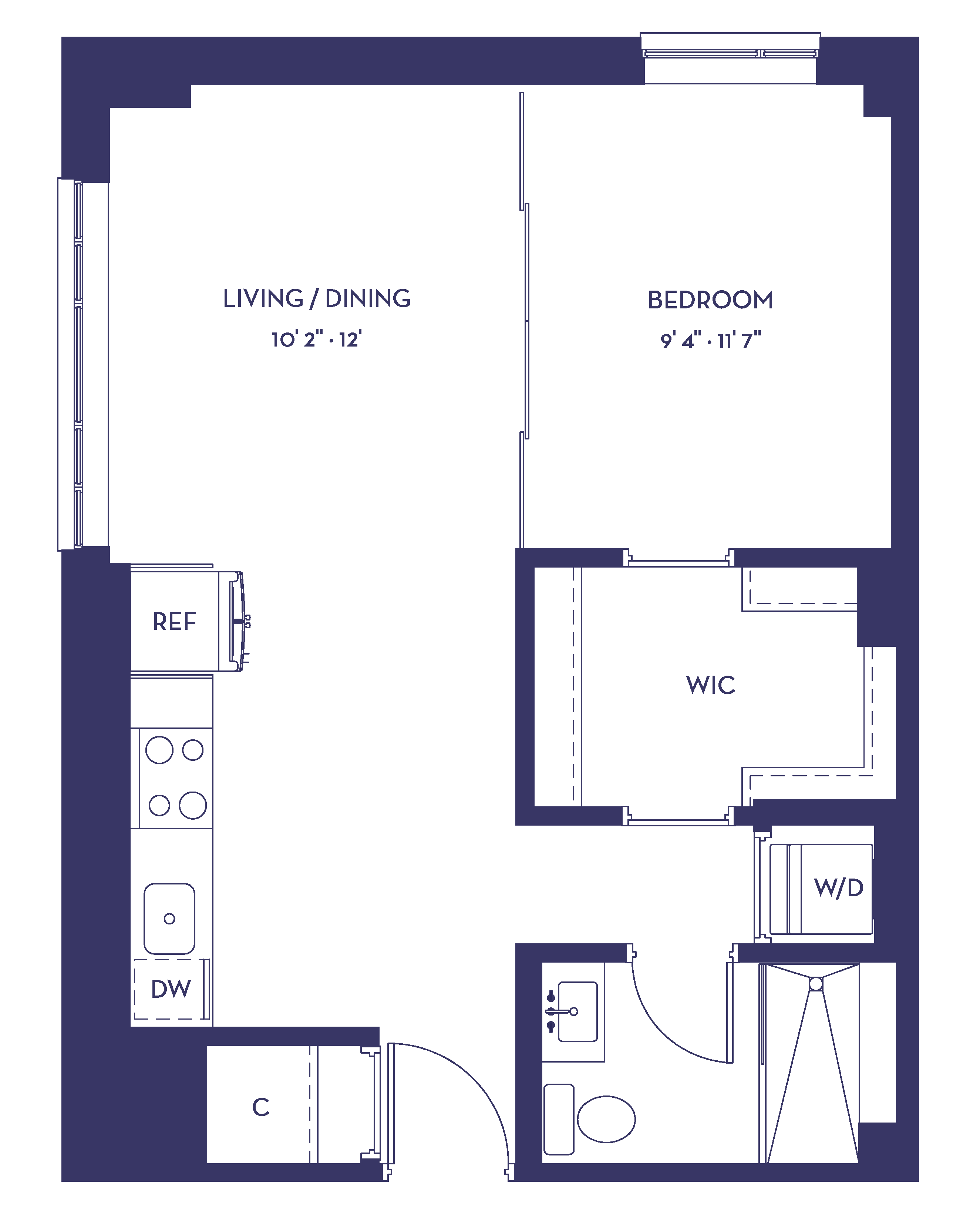 Floor plan for 1 bed, 1 bath, 525 sqft