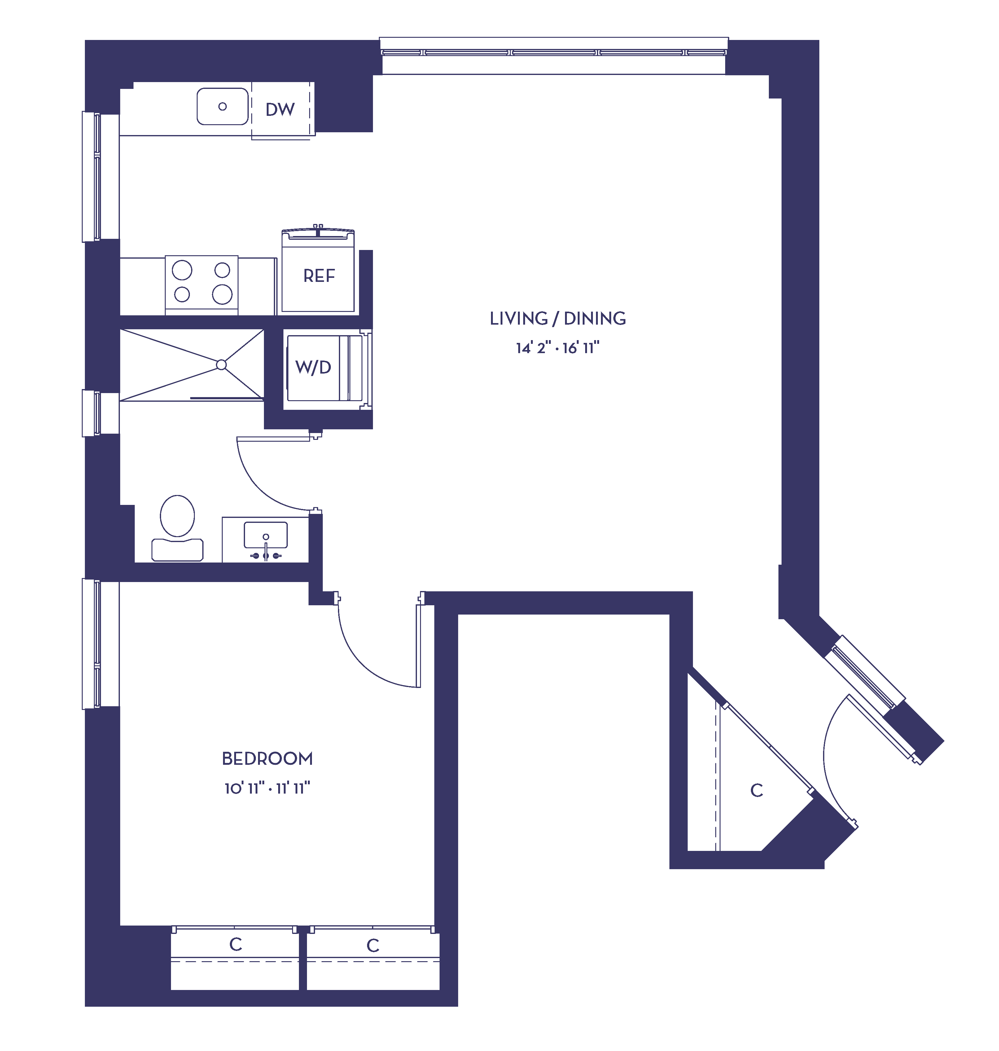 Floor plan for 1 bed, 1 bath, 605 sqft