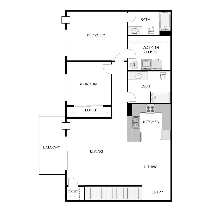 Floor plan for 2 beds, 2 baths, 1140 sqft