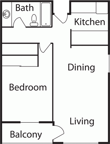 Floor plan for 1 bed, 1 bath, 678 sqft