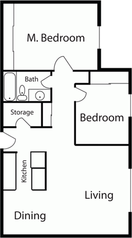 Floor plan for 2 beds, 1 bath, 900 sqft