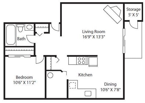 Floor plan for 1 bed, 1 bath, 740 sqft