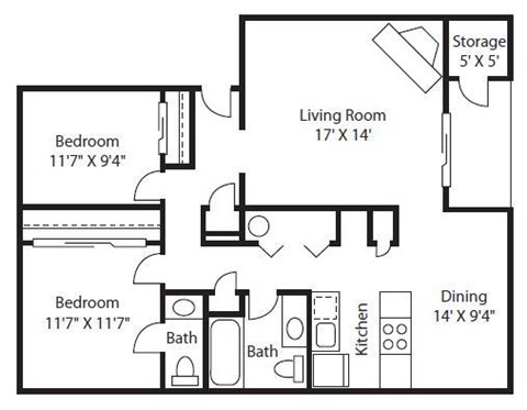 Floor plan for 2 beds, 1.5 baths, 1030 sqft