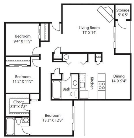 Floor plan for 3 beds, 2 baths, 1240 sqft