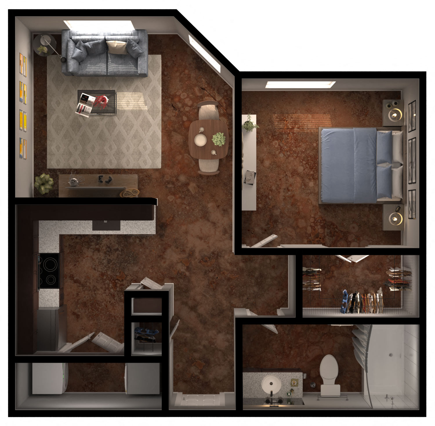 Floor plan for 1 bed, 1 bath, 625 sqft