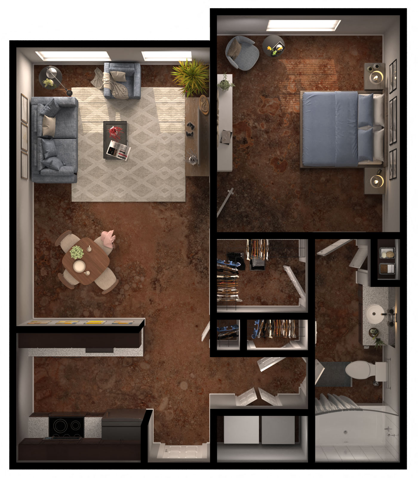 Floor plan for 1 bed, 1 bath, 715 sqft