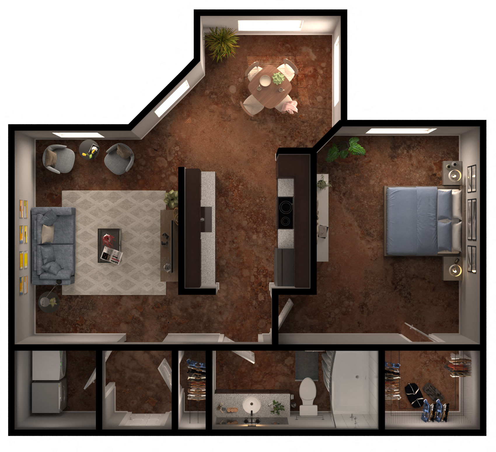 Floor plan for 1 bed, 1 bath, 834 sqft
