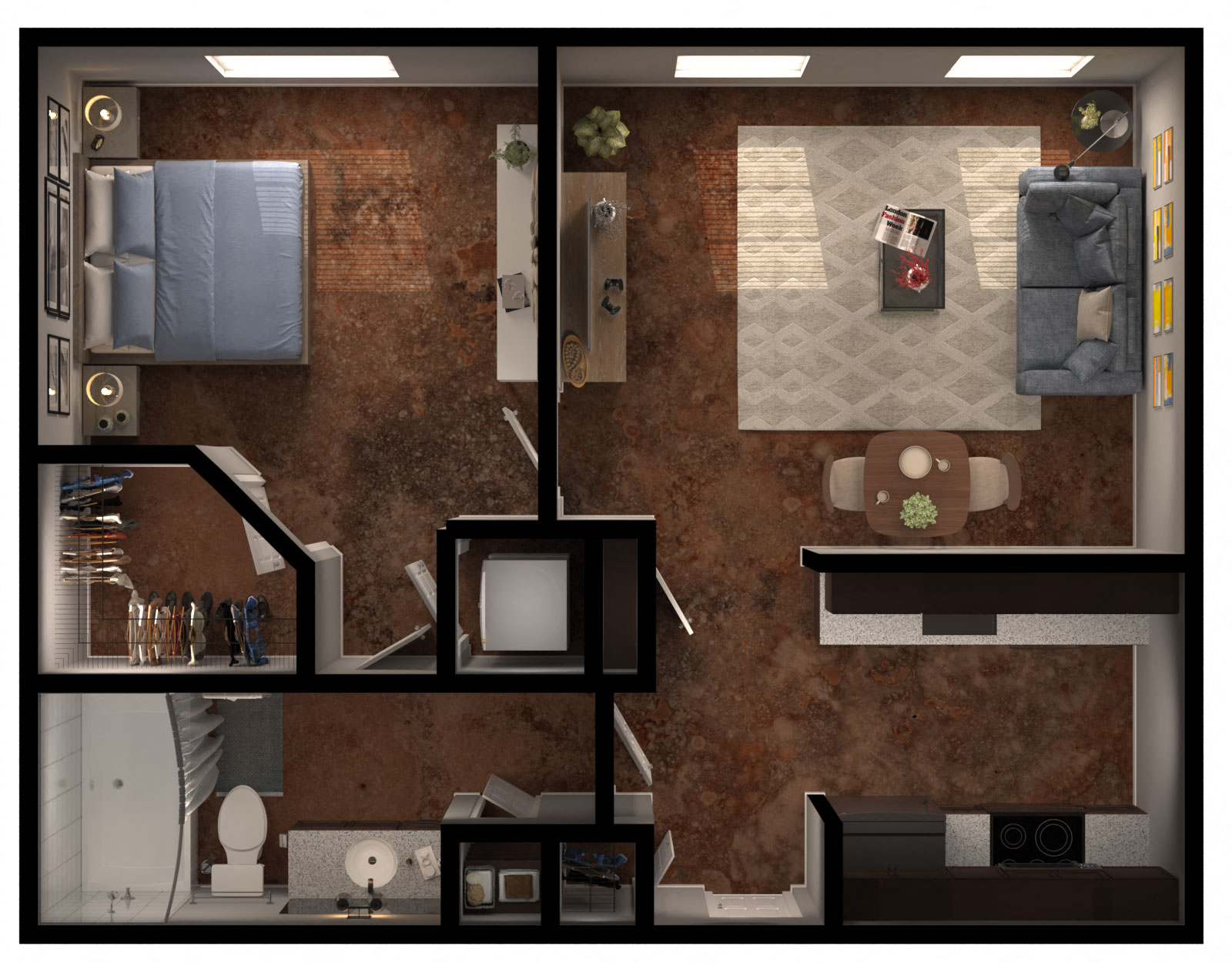 Floor plan for 1 bed, 1 bath, 627 sqft