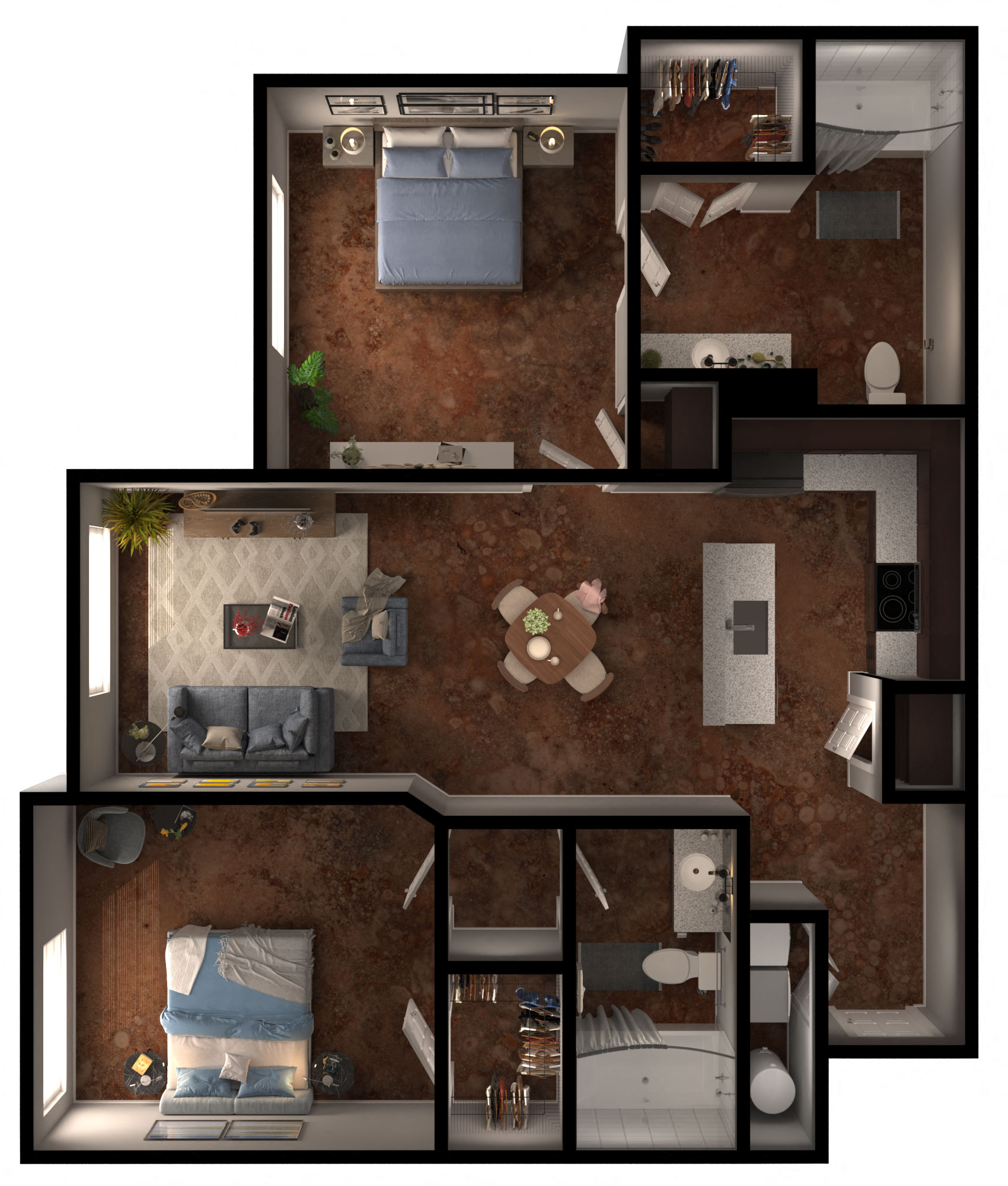Floor plan for 2 beds, 2 baths, 968 sqft