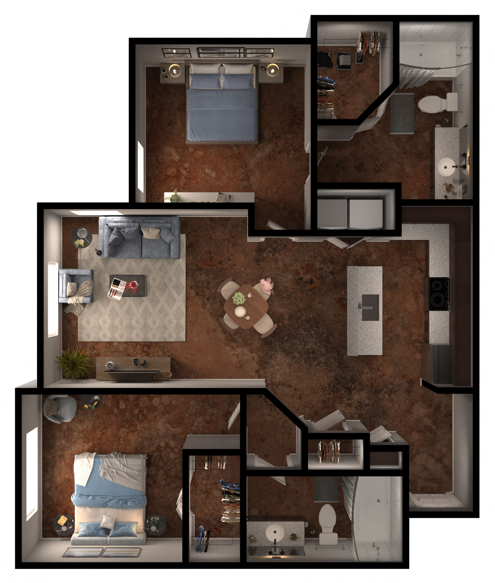 Floor plan for 2 beds, 2 baths, 1053 sqft