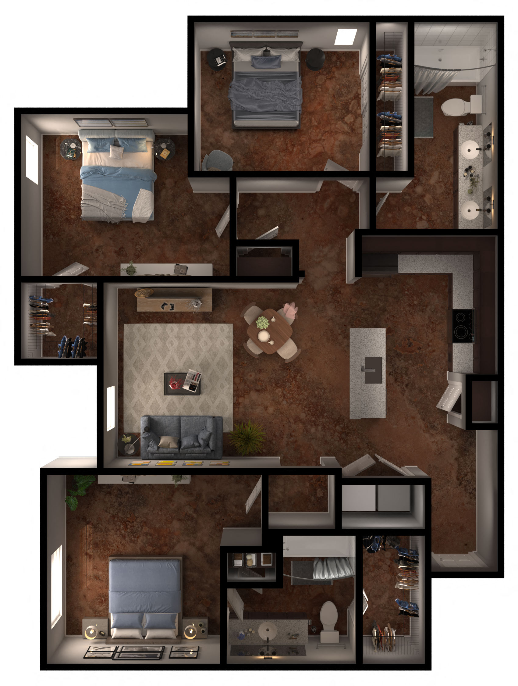 Floor plan for 3 beds, 2 baths, 1282 sqft