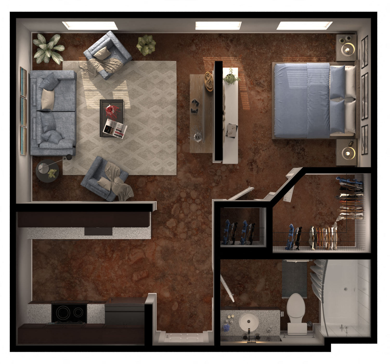 Floor plan for studio, 1 bath, 517 sqft