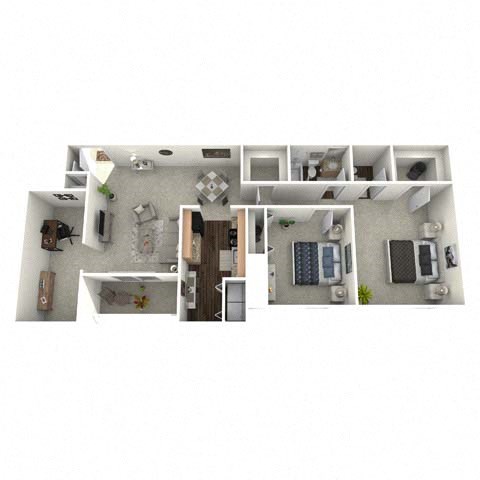Floor plan for 2 beds, 1.5 baths, 965 sqft
