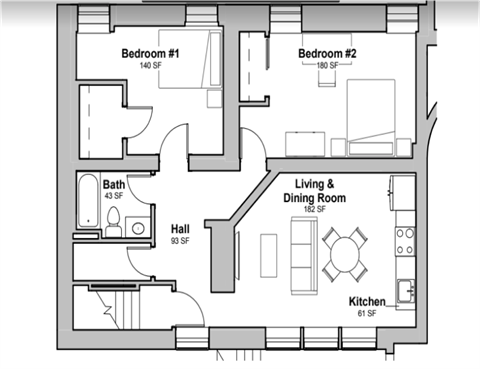 Floor plan for 2 beds, 1 bath, 675 sqft