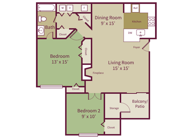 Floor plan for 2 beds, 1 bath, 962 sqft