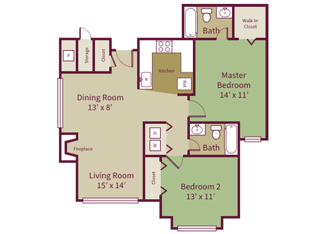 Floor plan for 2 beds, 2 baths, 1070 sqft