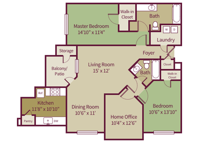 Floor plan for 2 beds, 2 baths, 1425 sqft