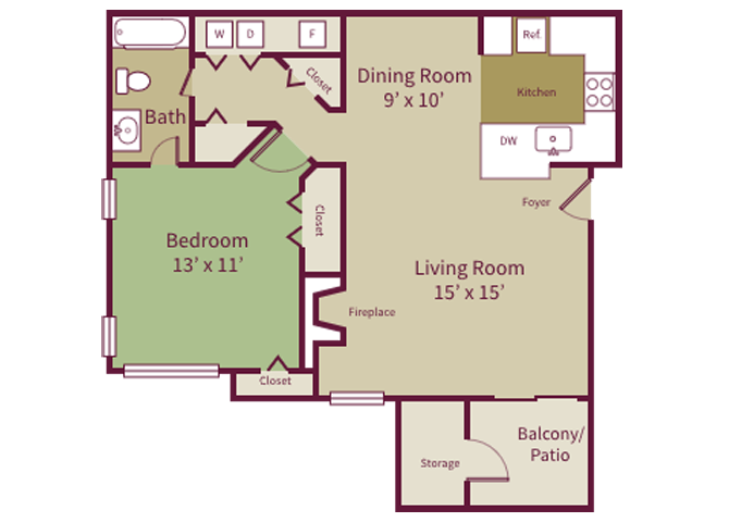Floor plan for 1 bed, 1 bath, 832 sqft