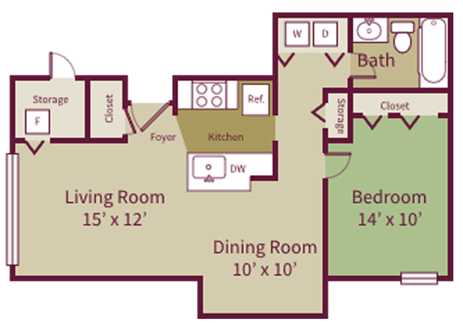 Floor plan for 1 bed, 1 bath, 762 sqft
