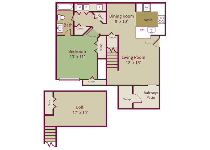 Floor plan for 1 bed, 1 bath, 995 sqft