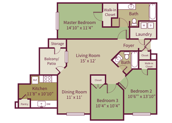Floor plan for 3 beds, 2 baths, 1425 sqft