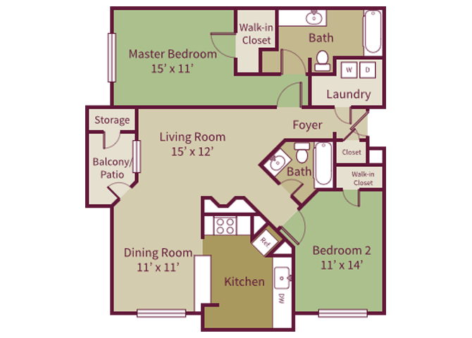 Floor plan for 2 beds, 2 baths, 1269 sqft