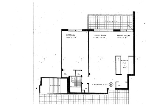 Floor plan for 1 bed, 1 bath, 696 sqft