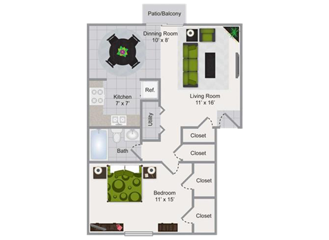 Floor plan for 1 bed, 1 bath, 730 sqft