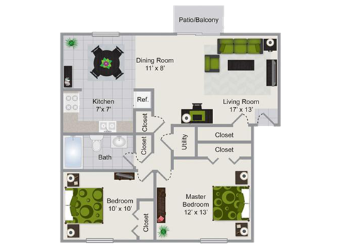 Floor plan for 2 beds, 1 bath, 930 sqft