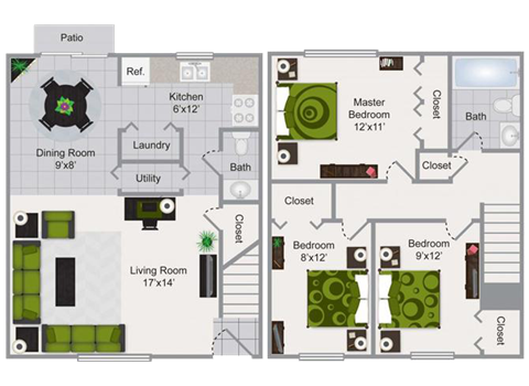 Floor plan for 3 beds, 1.5 baths, 1137 sqft