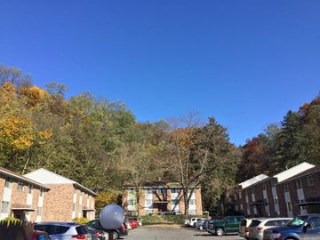 Ithaca apartment for rent - a view of a parking lot with buildings and trees