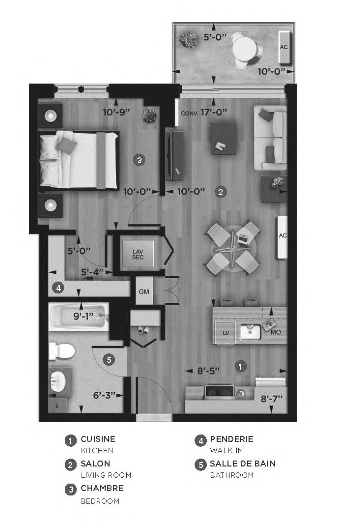 Floor plan for 1 bed, 1 bath, 557 sqft