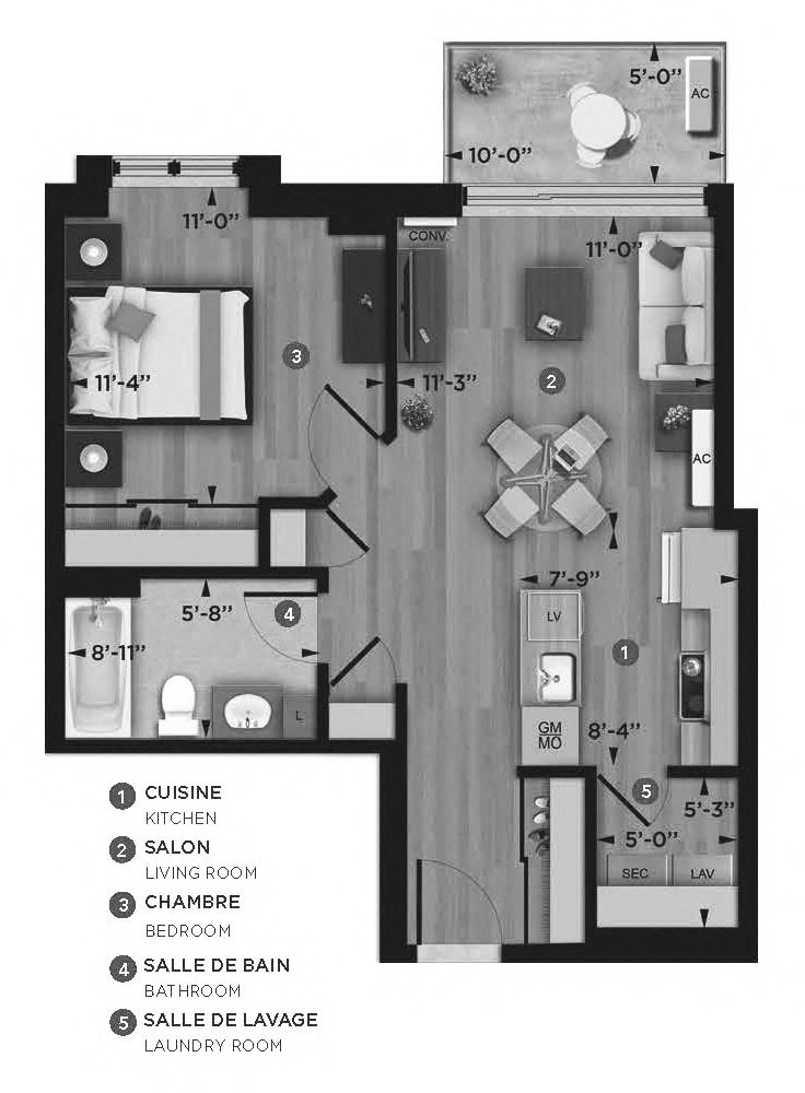 Floor plan for 1 bed, 1 bath, 587 sqft